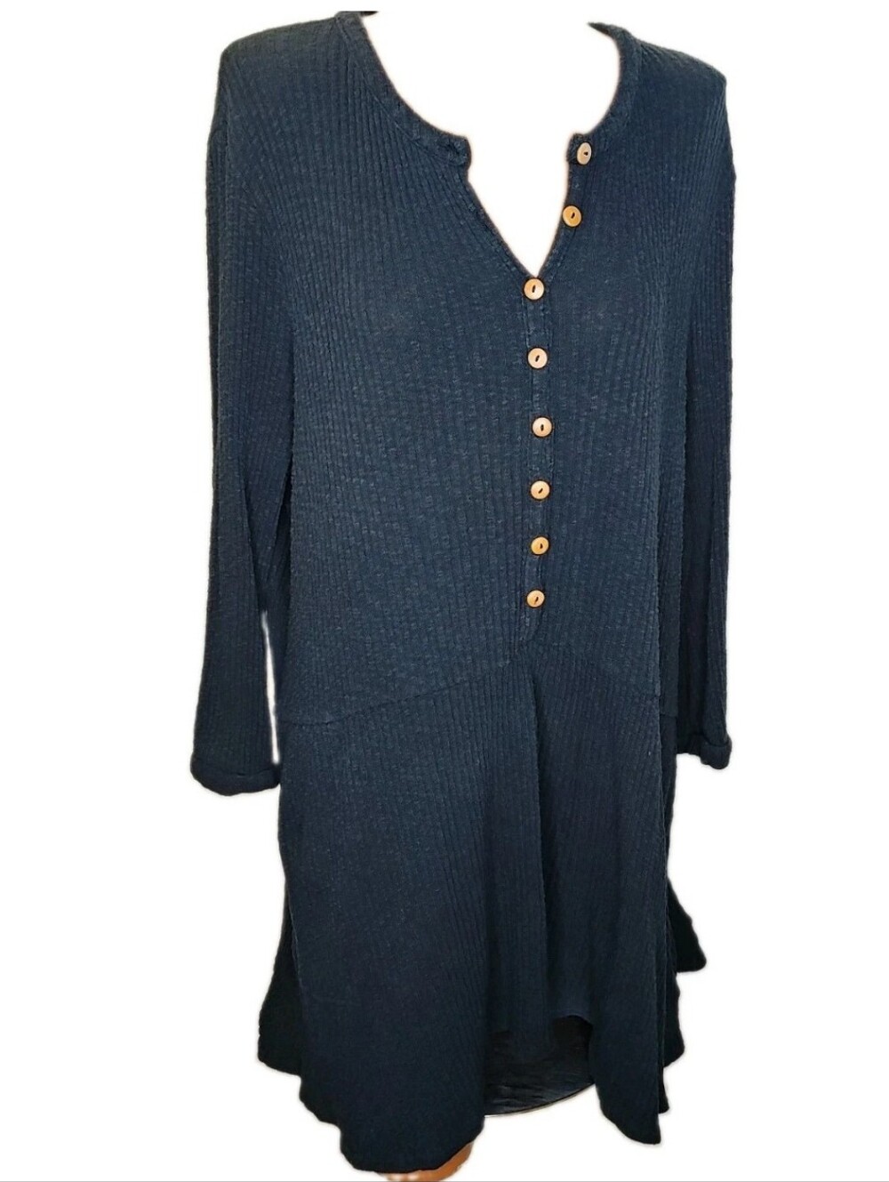 Free People Beach Woman Med Blossom Henley Dress Ribbed Knit Dark Blue Button